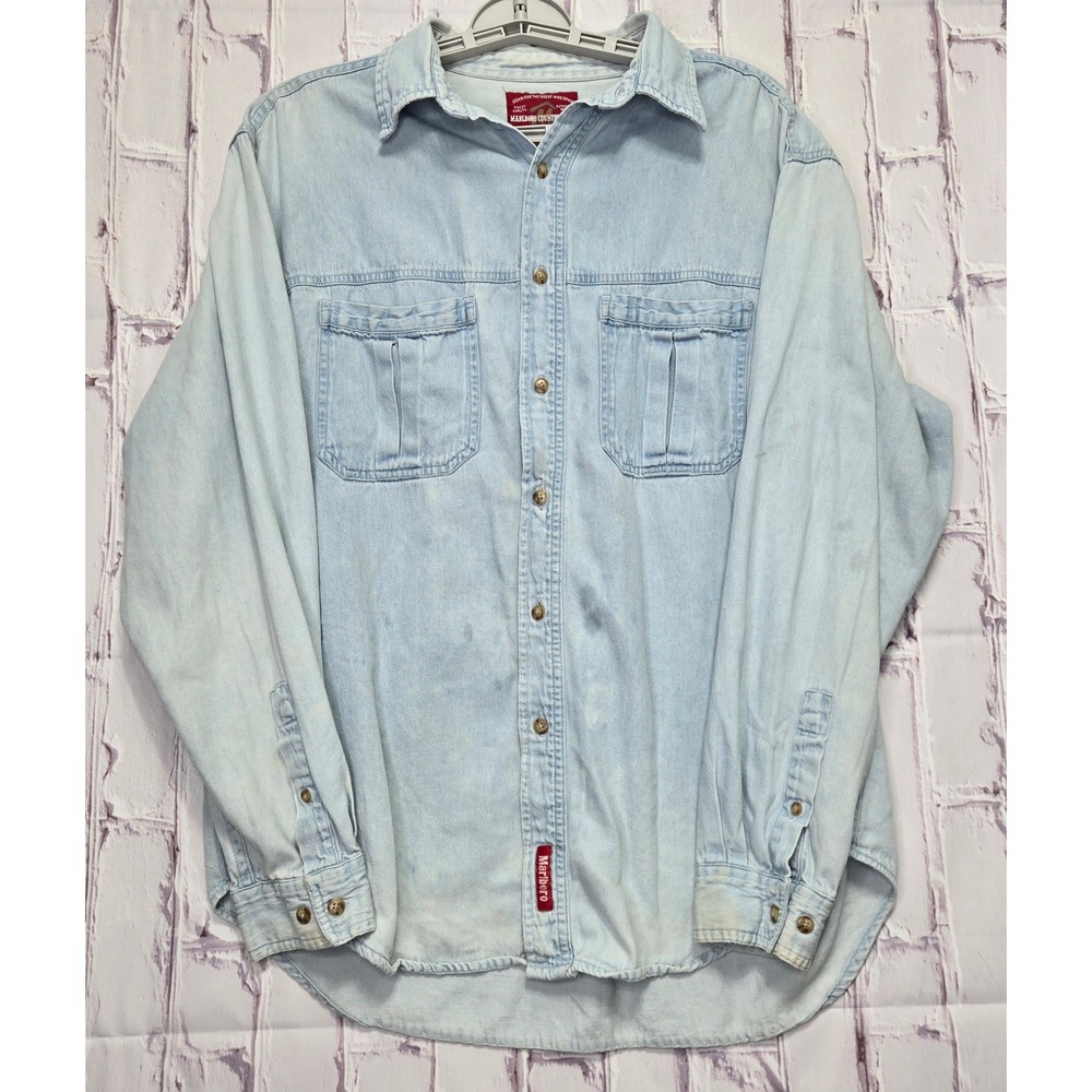 Vintage Marlboro Country Denim Shirt Light Wash Western Workwear Mens Large L - Picture 1 of 13